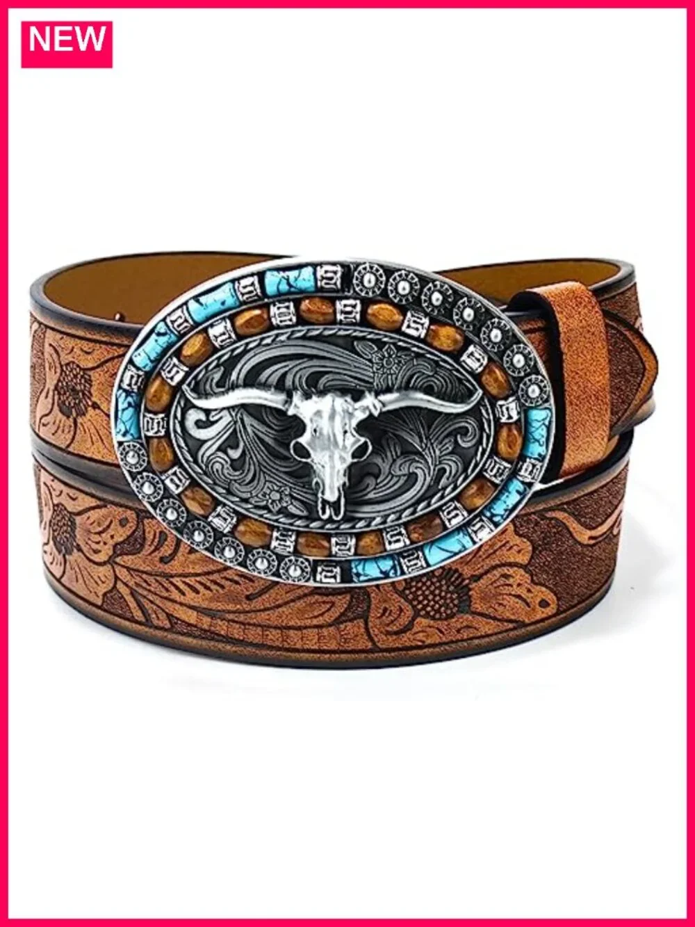 Western Cowgirl Leather Belt Turquoise Oval Buckle Embossed Faux Leather
